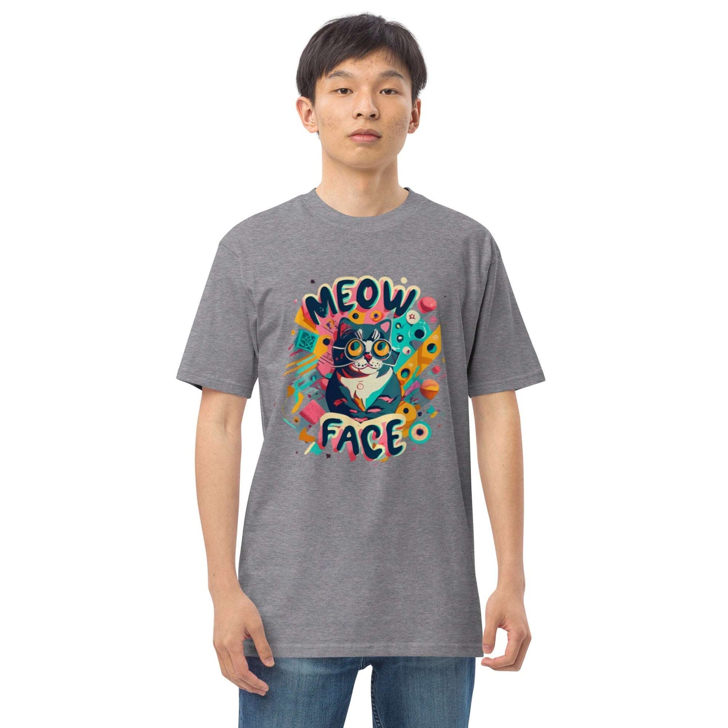 Meow Face Nerd Cat Men’s premium heavyweight tee - Faces Of Meow