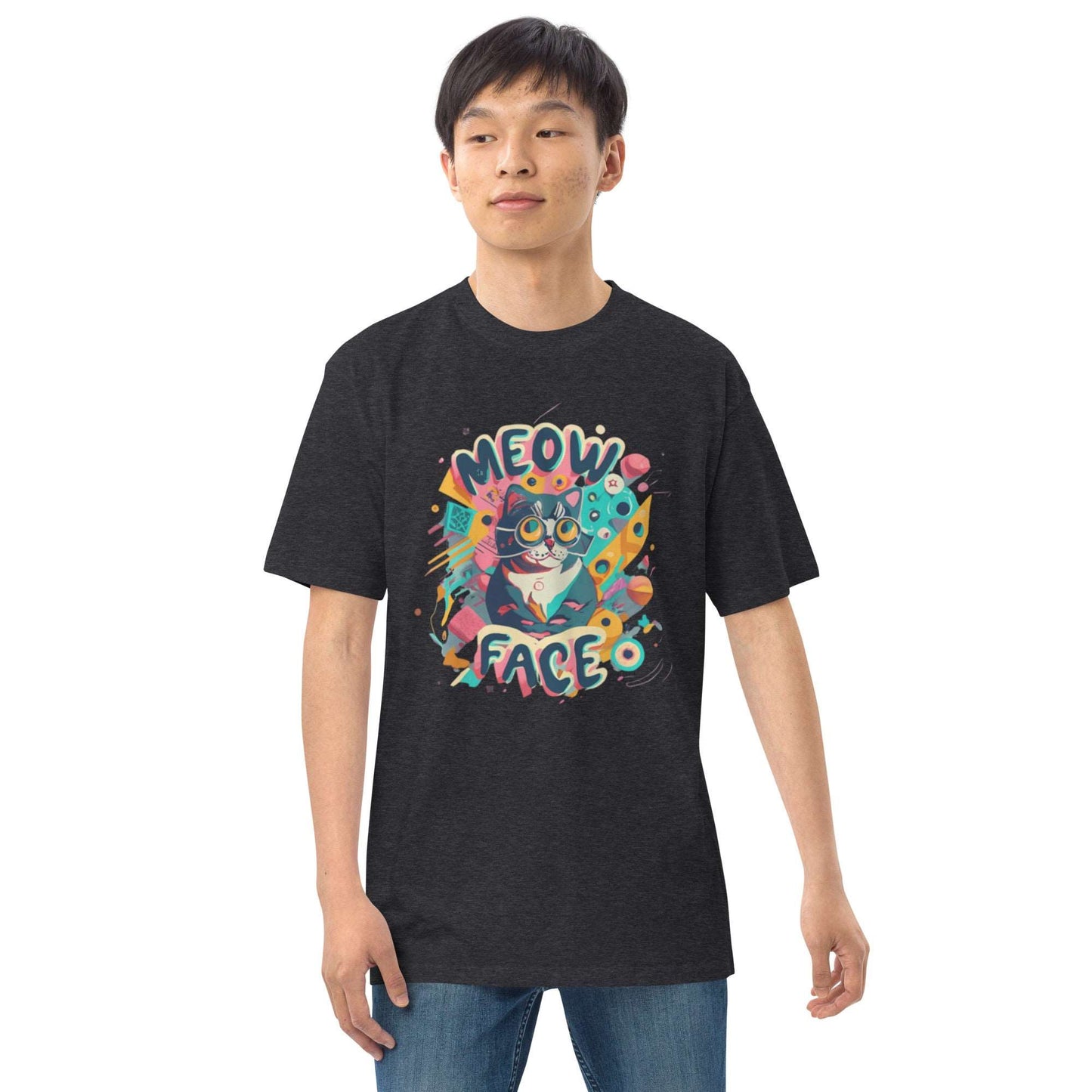 Meow Face Nerd Cat Men’s premium heavyweight tee - Faces Of Meow