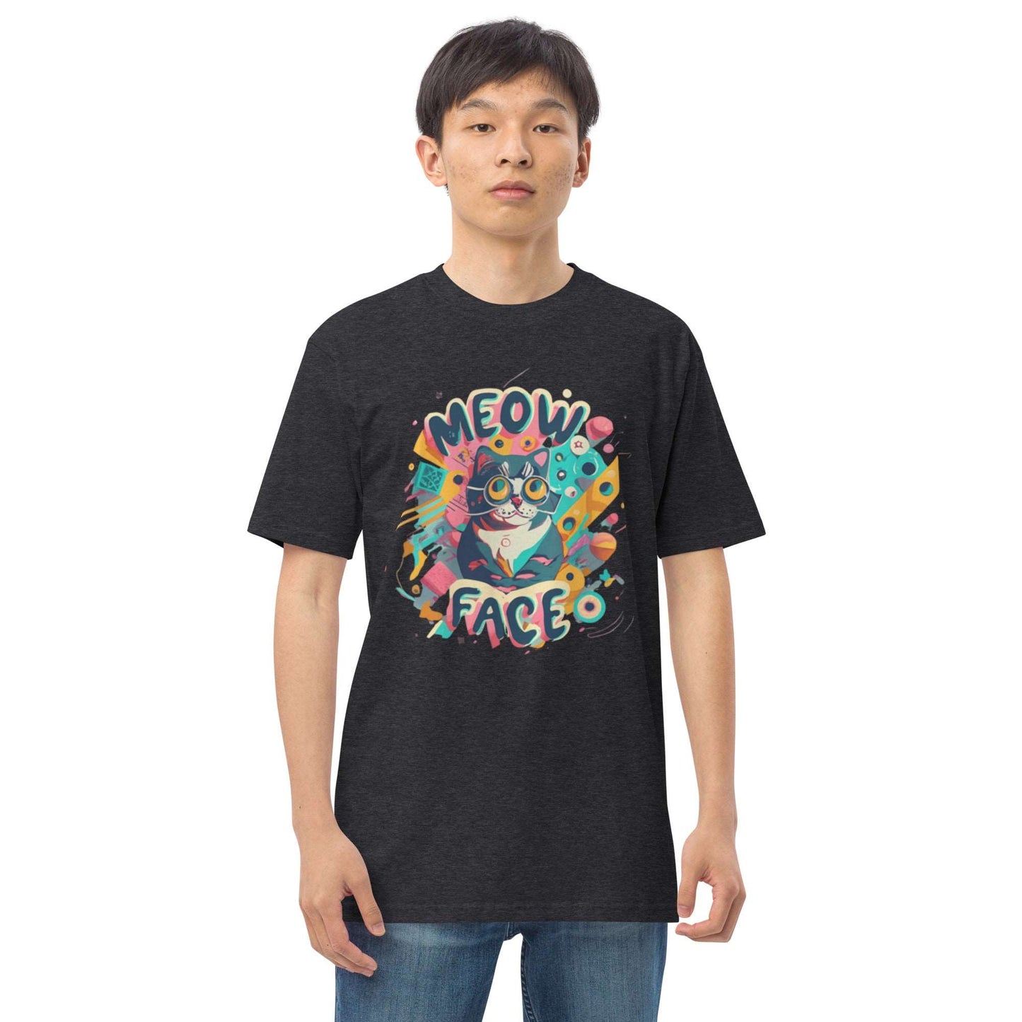 Meow Face Nerd Cat Men’s premium heavyweight tee - Faces Of Meow