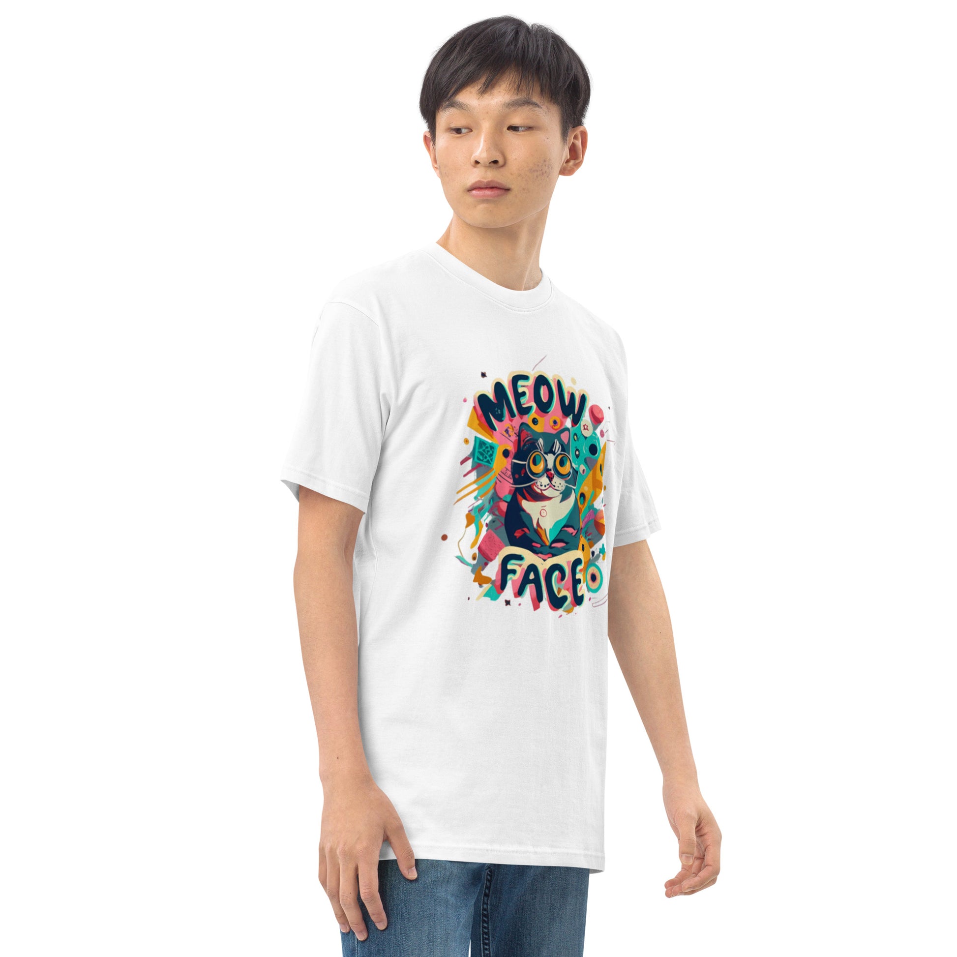 Meow Face Nerd Cat Men’s premium heavyweight tee - Faces Of Meow