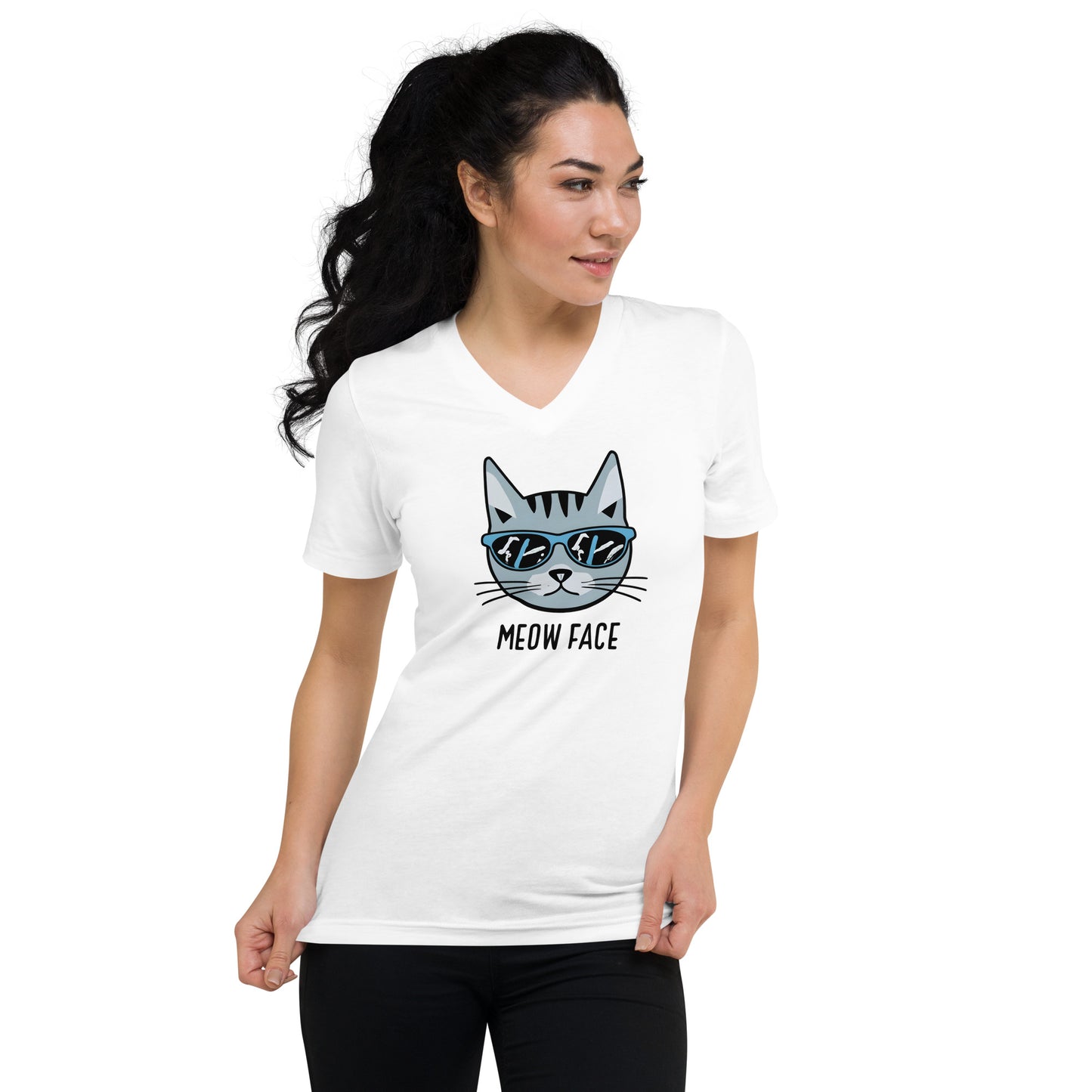 Meow Face “Cool Cat Classic” Unisex Short Sleeve V-Neck T-Shirt - Faces Of Meow