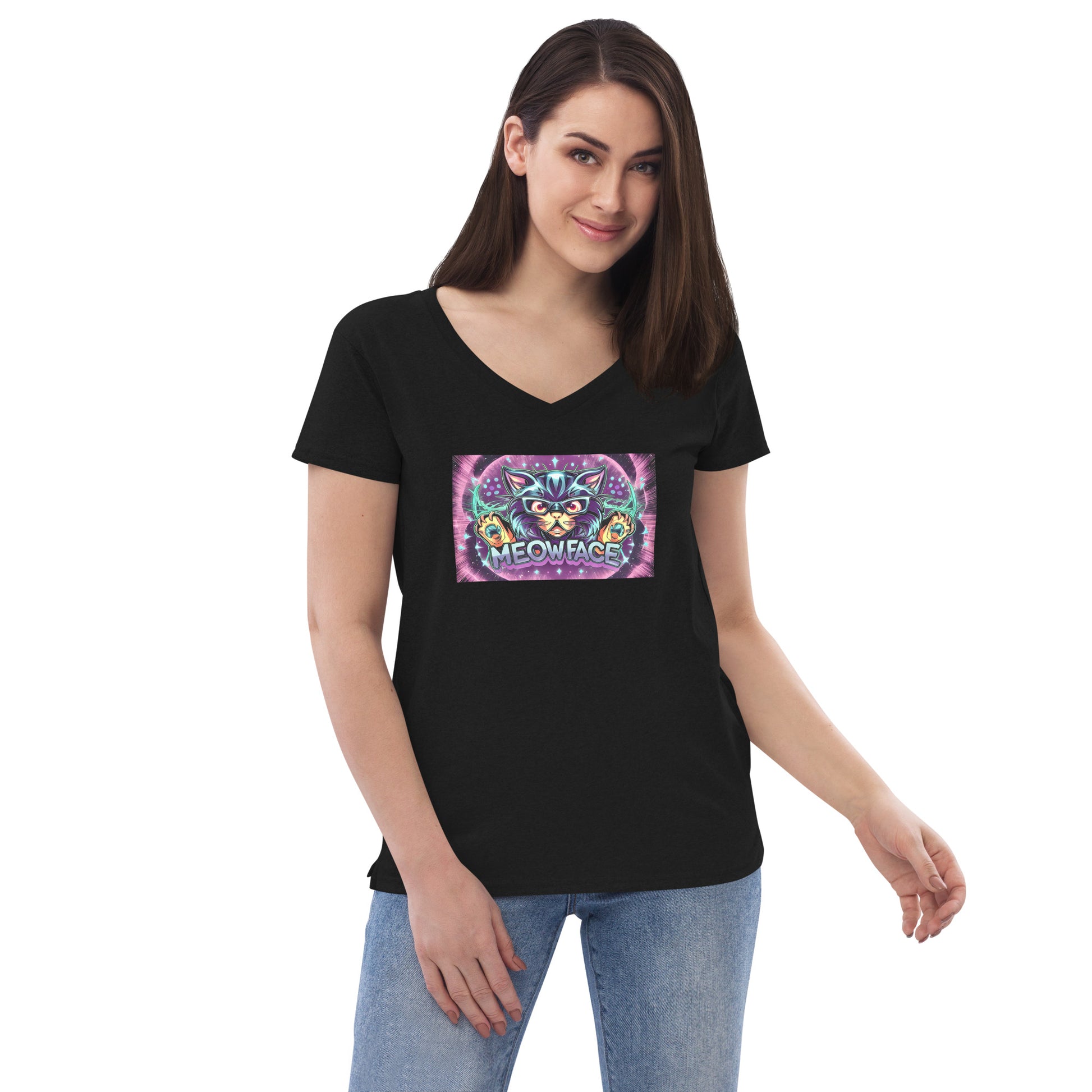 Meow Face “Space-Cat” Women’s recycled v-neck t-shirt - Faces Of Meow