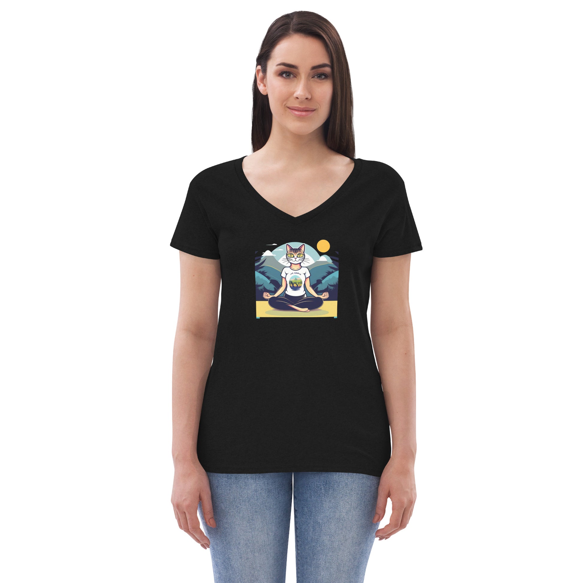 Yoga-Cat Women’s recycled v-neck t-shirt - Faces Of Meow