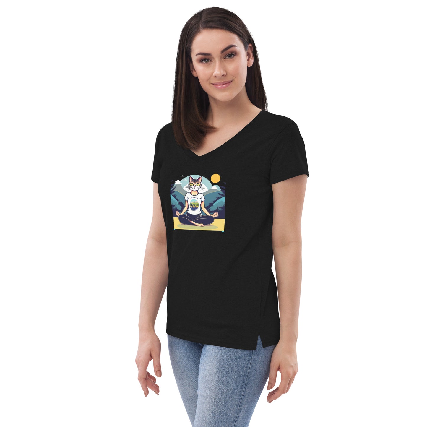 Yoga-Cat Women’s recycled v-neck t-shirt - Faces Of Meow