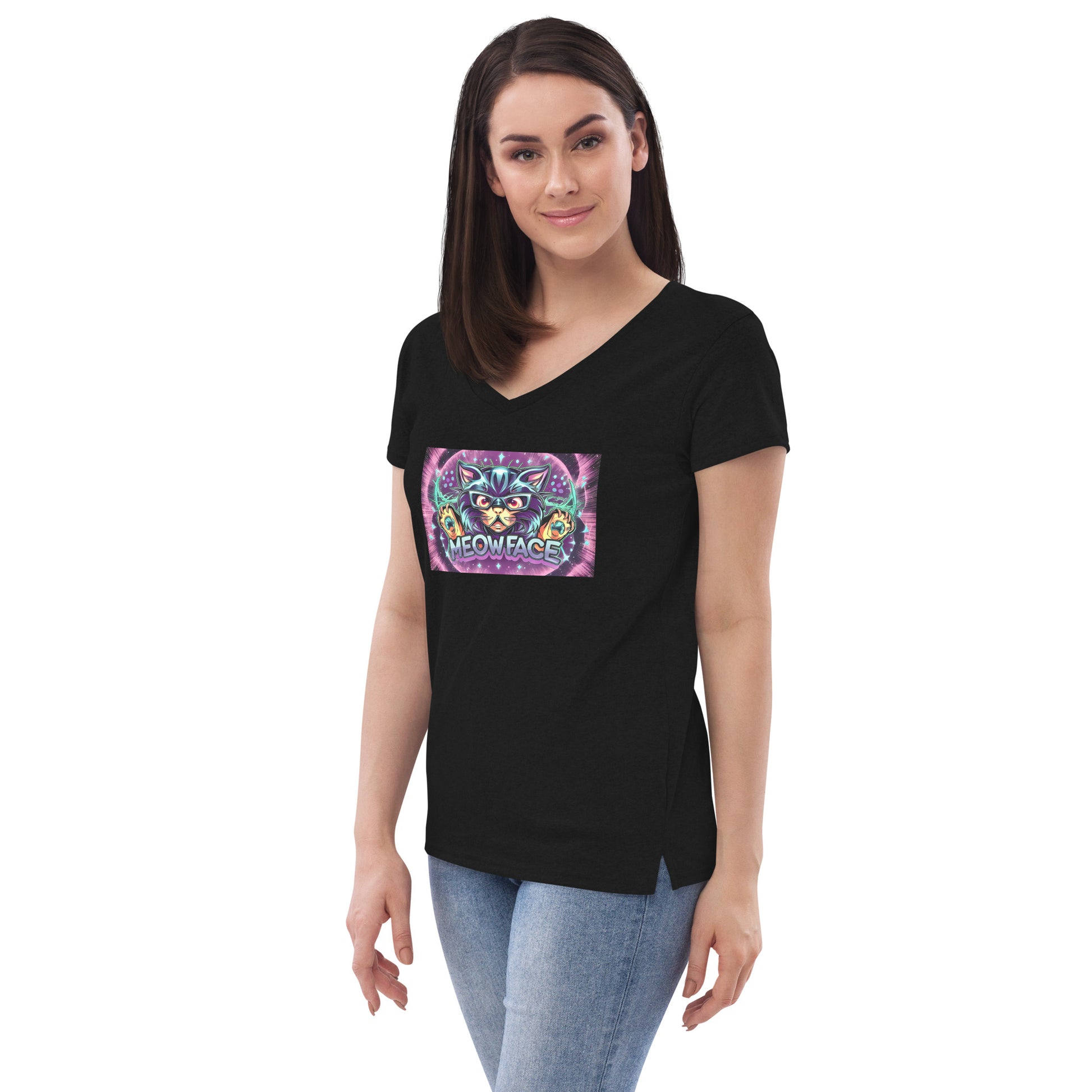 Meow Face “Space-Cat” Women’s recycled v-neck t-shirt - Faces Of Meow