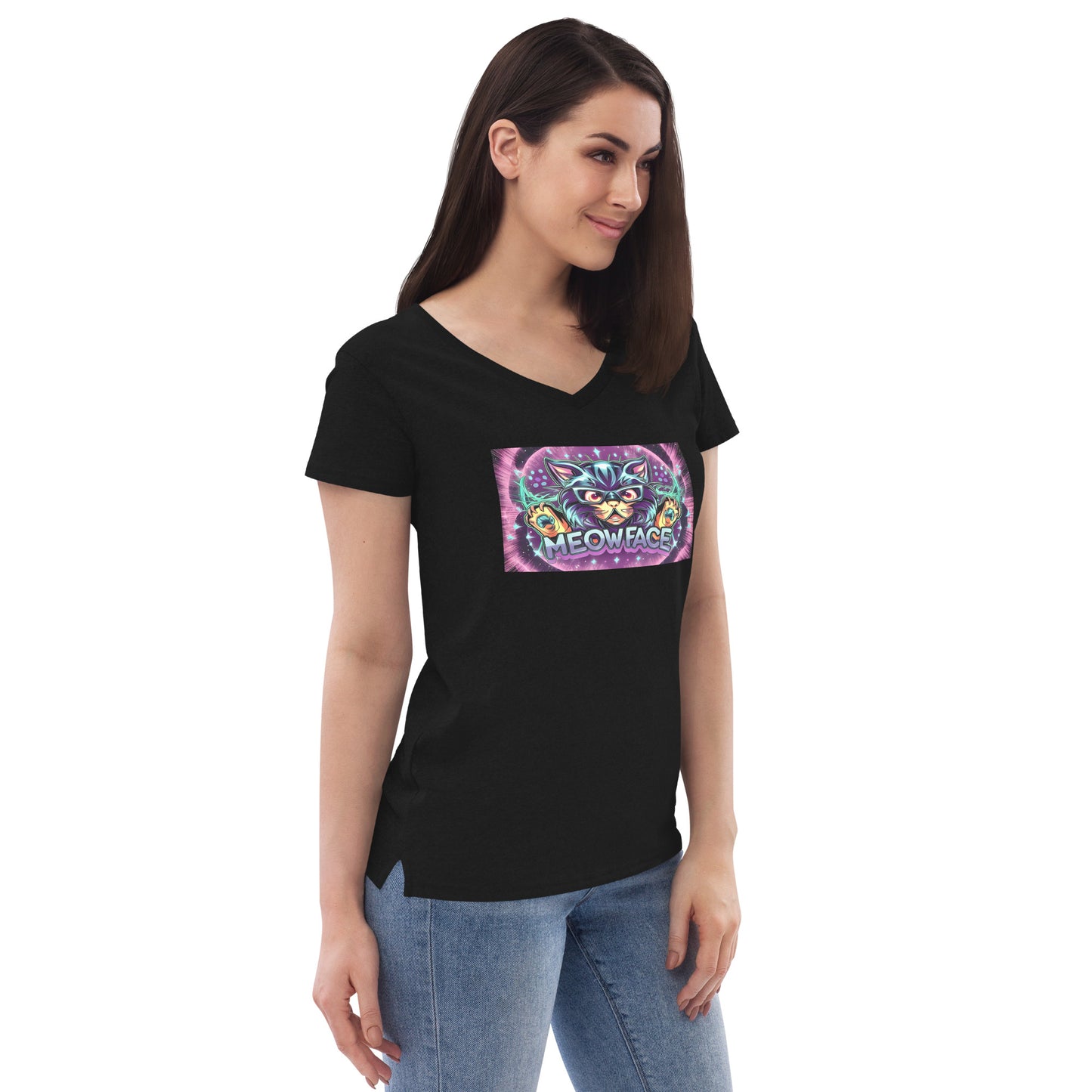 Meow Face “Space-Cat” Women’s recycled v-neck t-shirt - Faces Of Meow