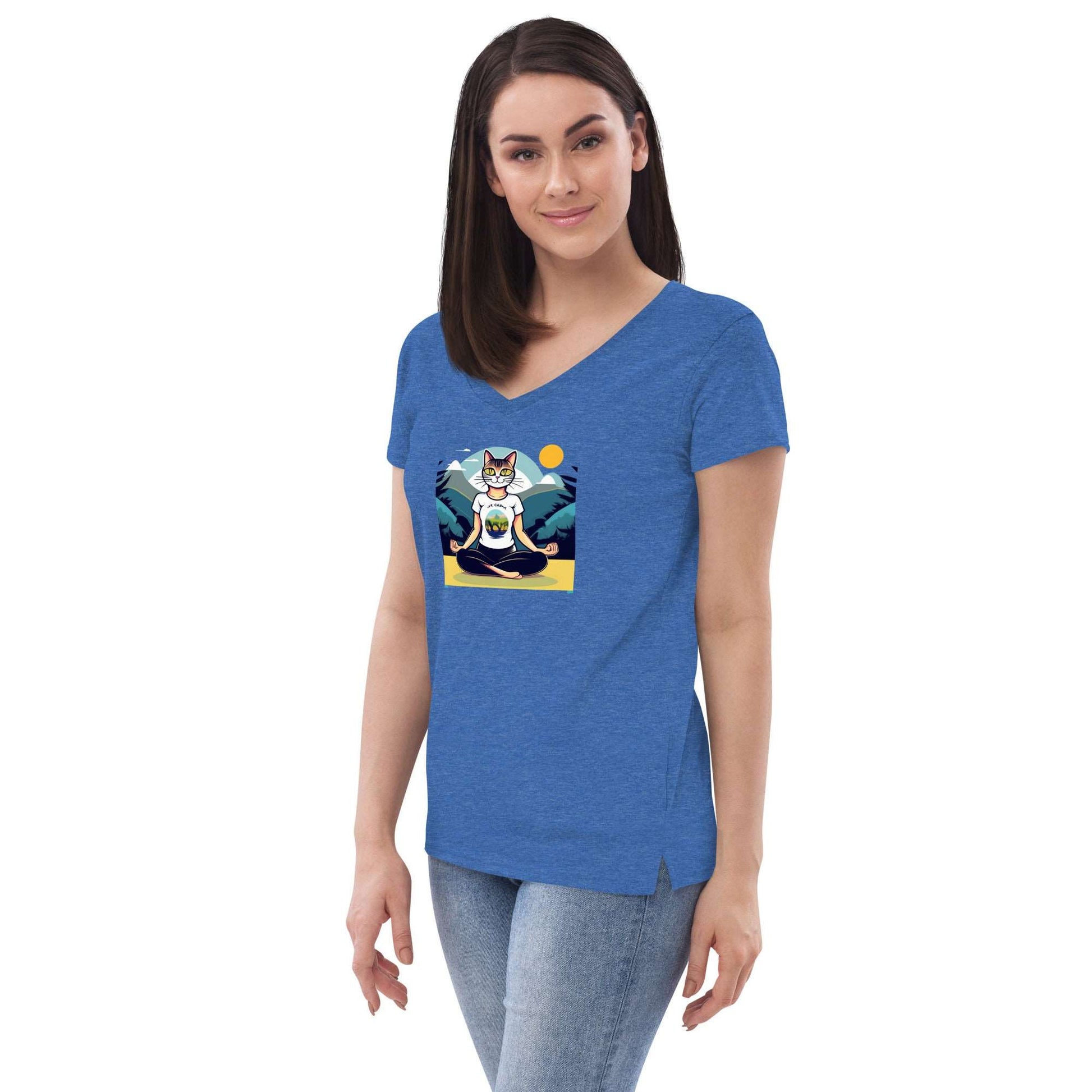 Yoga-Cat Women’s recycled v-neck t-shirt - Faces Of Meow