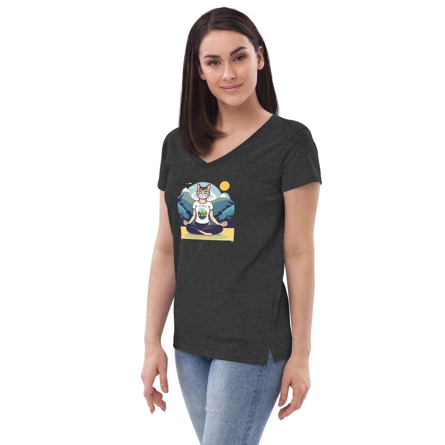 Yoga-Cat Women’s recycled v-neck t-shirt - Faces Of Meow