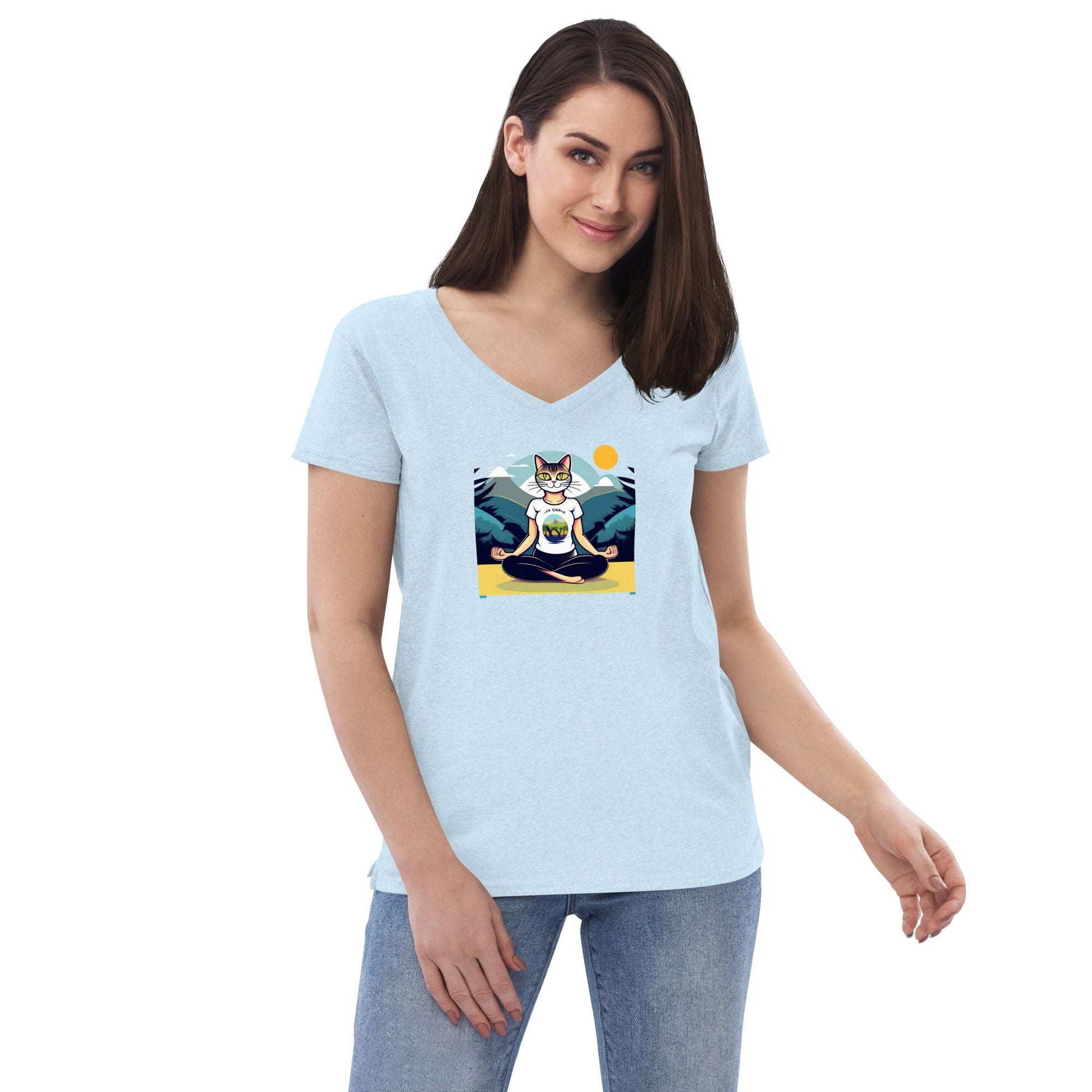 Yoga-Cat Women’s recycled v-neck t-shirt - Faces Of Meow