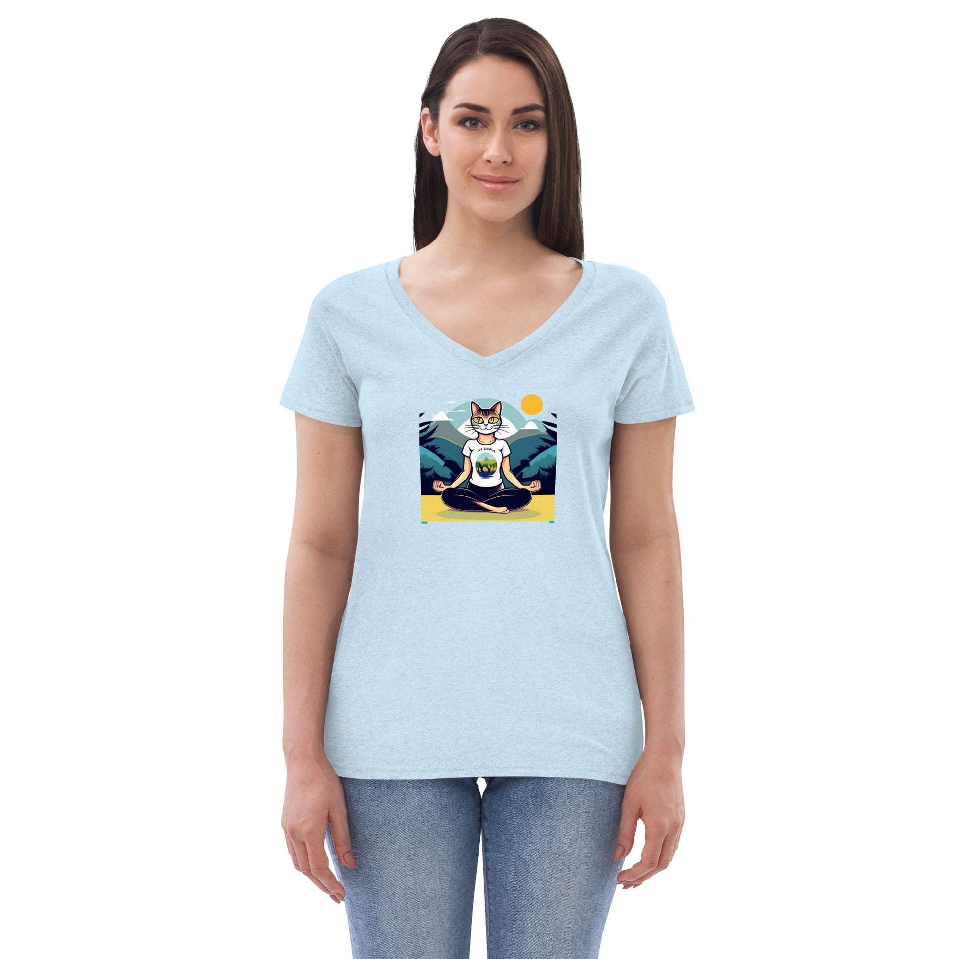 Yoga-Cat Women’s recycled v-neck t-shirt - Faces Of Meow