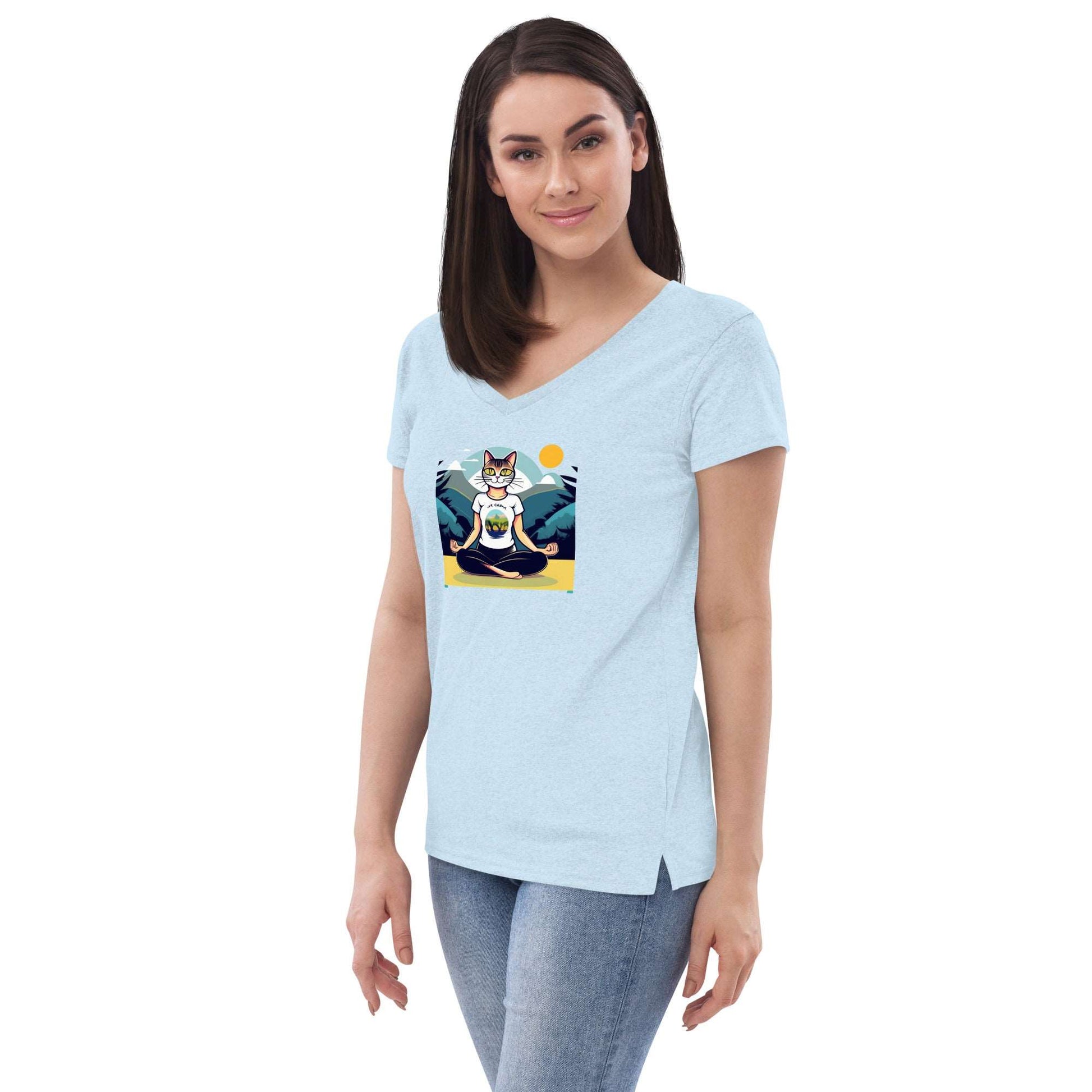 Yoga-Cat Women’s recycled v-neck t-shirt - Faces Of Meow