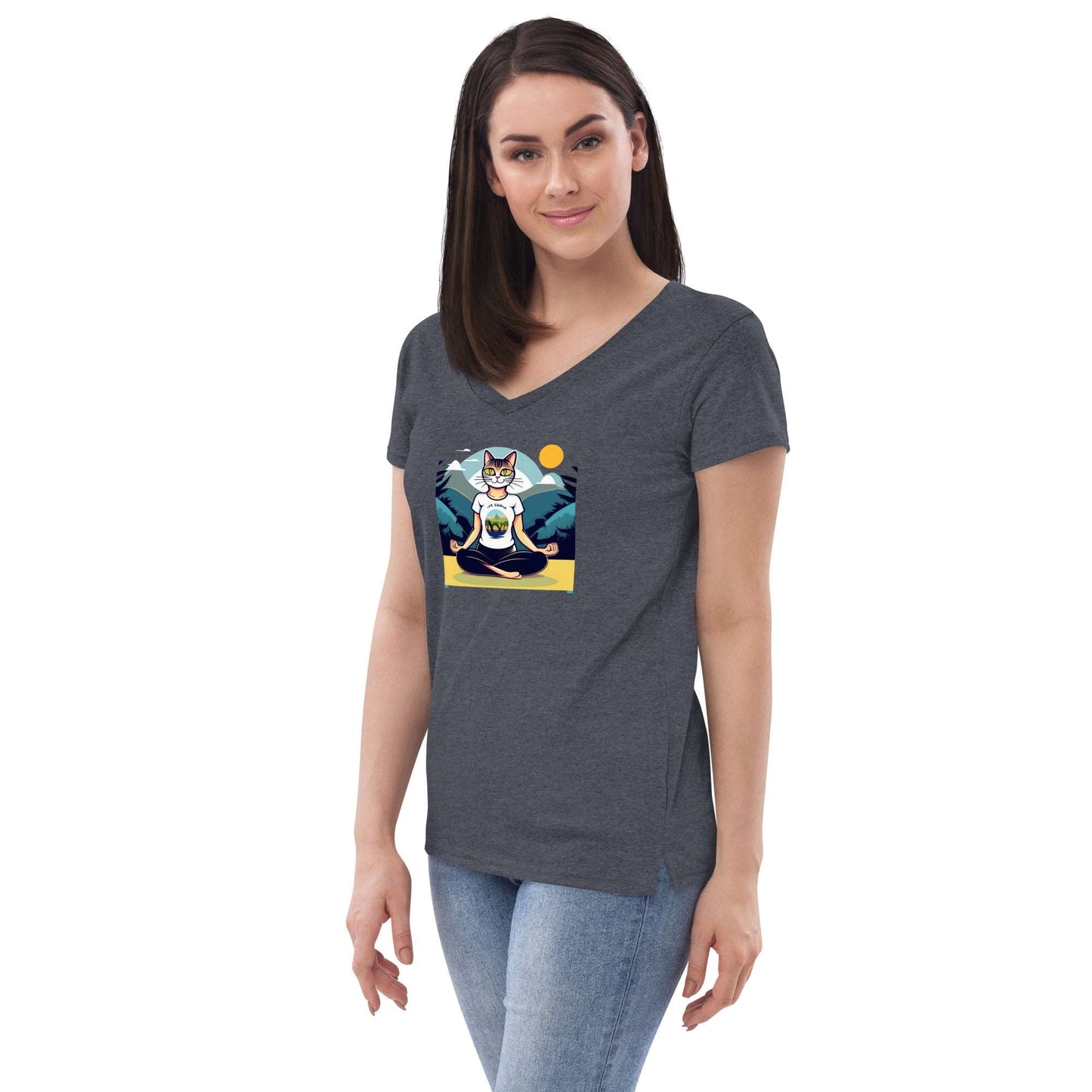 Yoga-Cat Women’s recycled v-neck t-shirt - Faces Of Meow