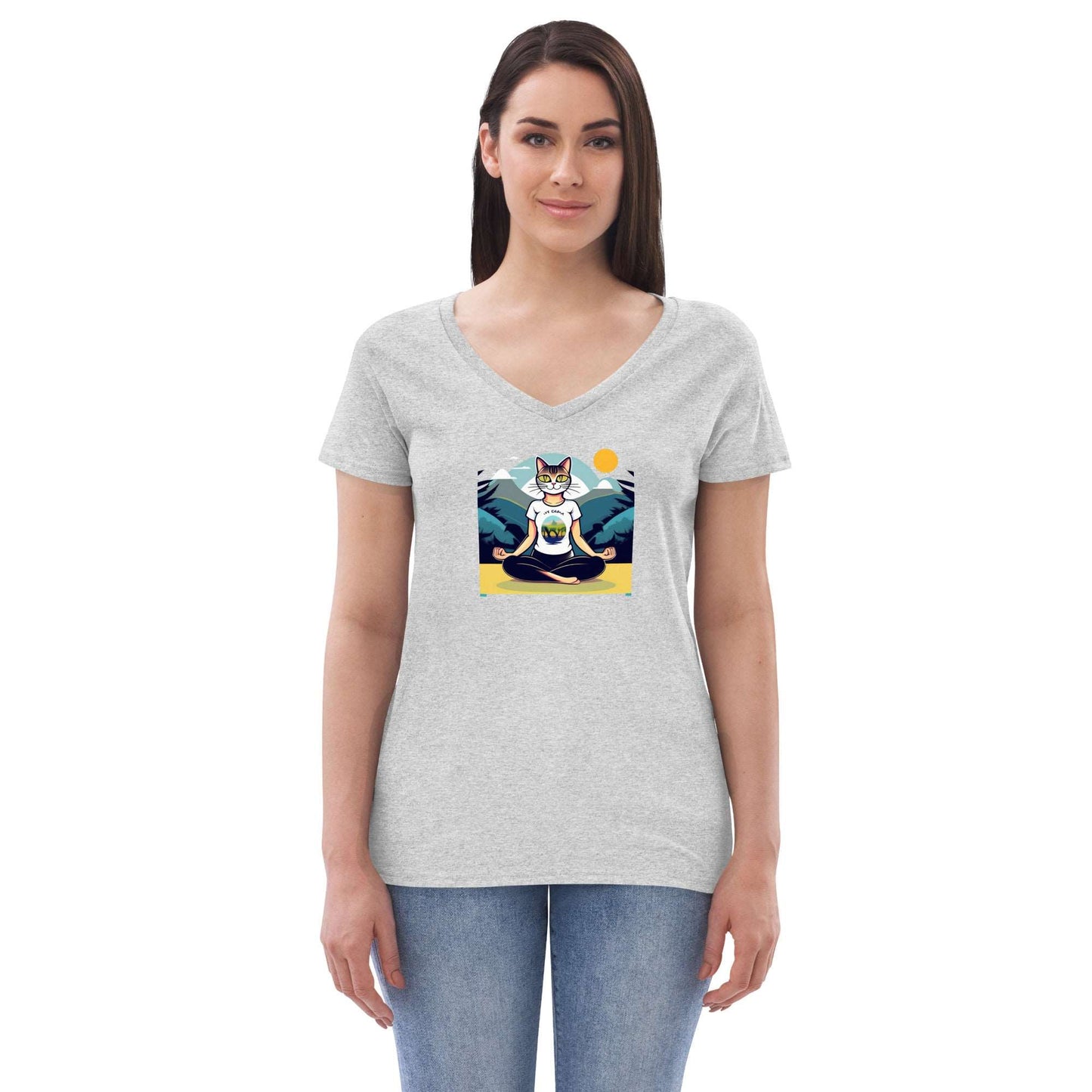 Yoga-Cat Women’s recycled v-neck t-shirt - Faces Of Meow