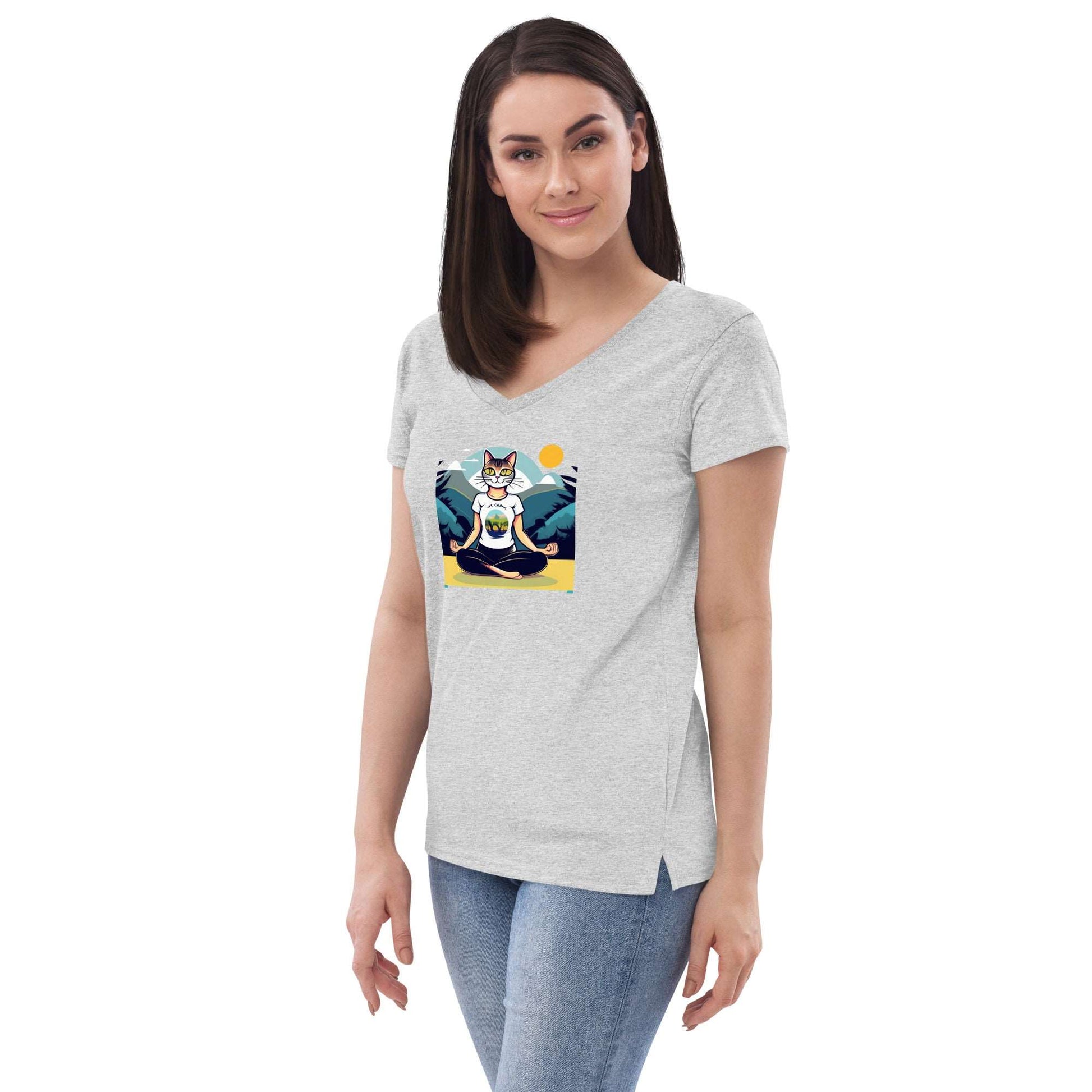 Yoga-Cat Women’s recycled v-neck t-shirt - Faces Of Meow