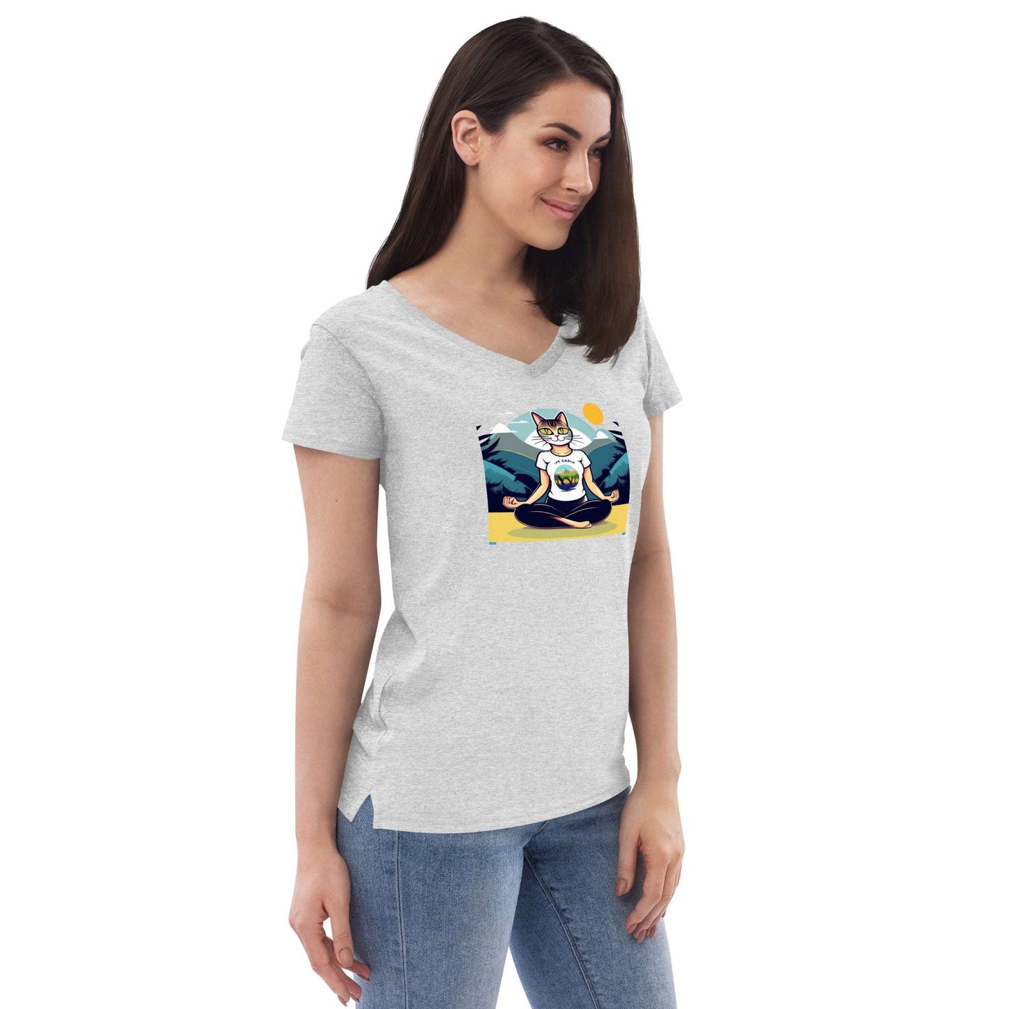 Yoga-Cat Women’s recycled v-neck t-shirt - Faces Of Meow